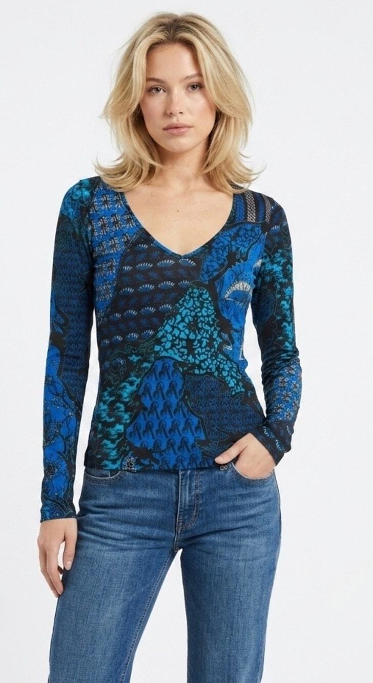 Versace Jeans Vintage Blue Geometric Floral Print Long Sleeve V-neck Top size 4